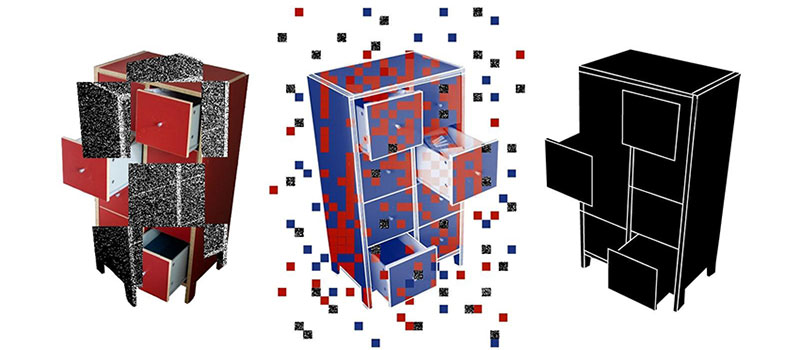 Ein Bild, das drei Schränke mit offenen Schubladen in unterschiedlichen Variationen zeigt. 1: mehrfarbig, 2. in Pixel aufgelöst, 3. schwarz. 