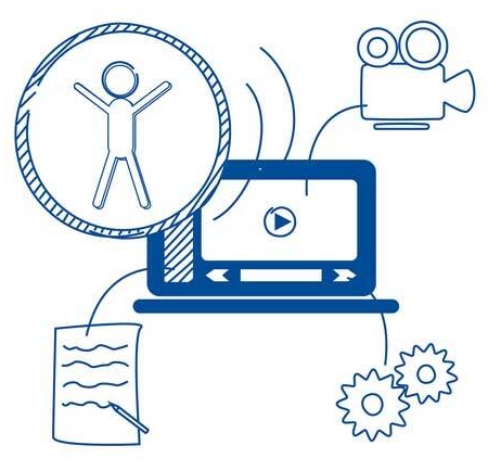 Skizze aus dem Moodlekurs zur digitalen Barrierefreiheit mit Barrierefreiheitssymbol, BildschirmVideokamera Zettel und Stift und Zahnrädern