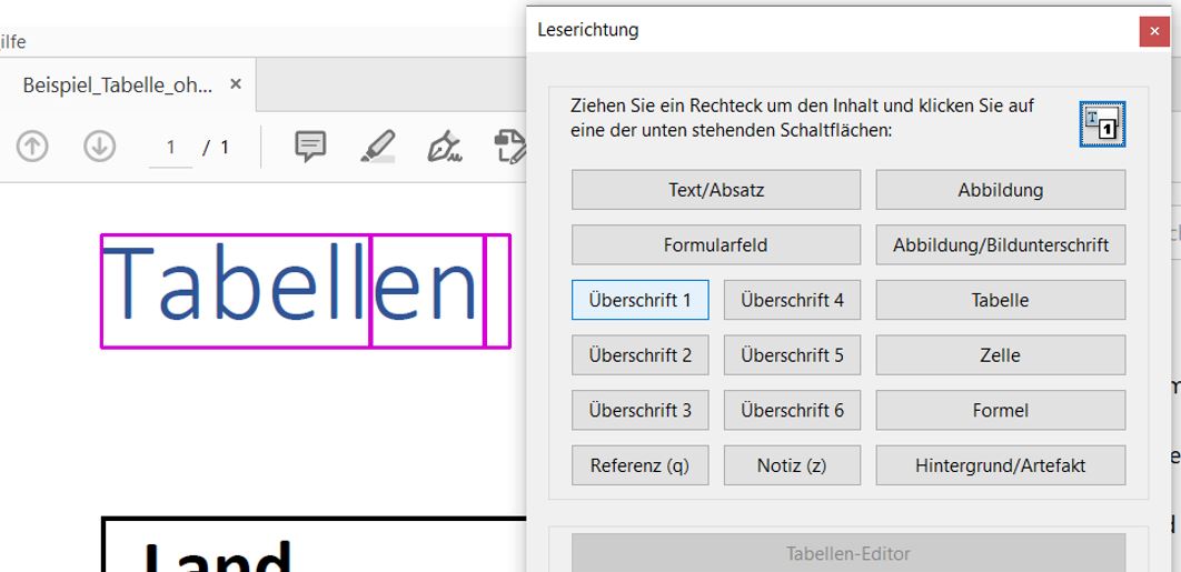 Das Wort Tabellen wird mit einem Werkzeug als Überschrift 1 festgelegt