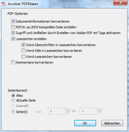 PDF Optionen in Word