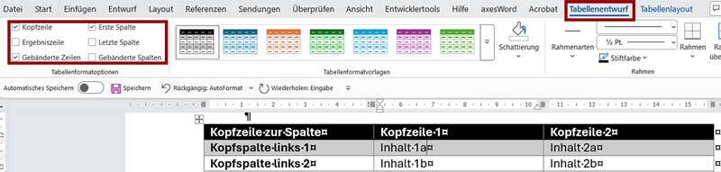 Bildschirmfoto, der eine Tabelle in Word zeigt und den dazugehörigen Einstellmöglichleiten zur Kopfzeile unter Tabellenentwurf