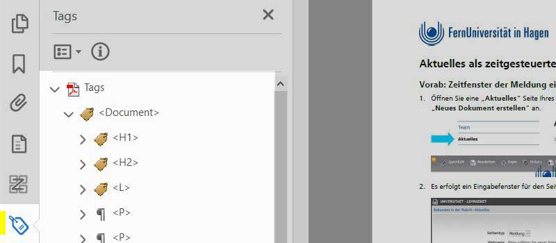 Bildschirmfoto Acrobat Pro in der die Position der Tags hervorgehoben wird.
