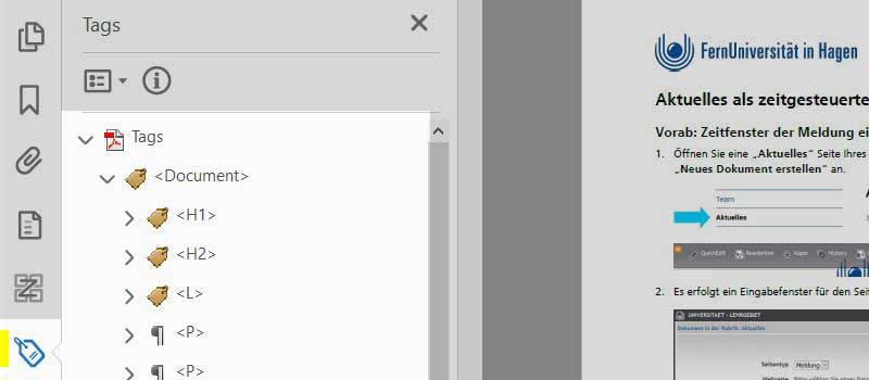 Bildschirmfoto Acrobat Pro  in der die Position der Tags hervorgehoben wird.
