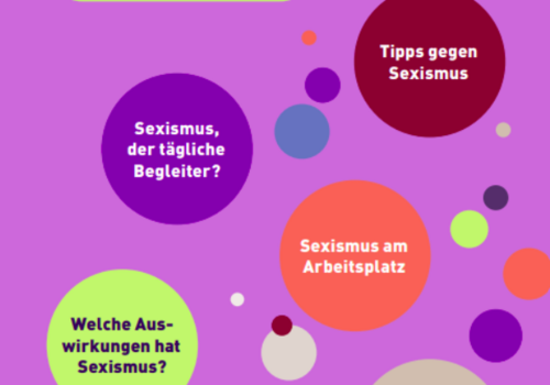 Weiße Schrift in farbigen Kreisen