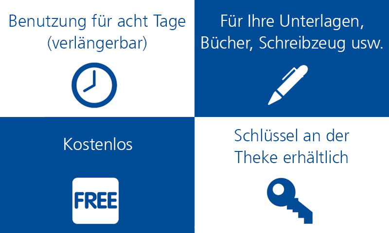  Icons die für folgendes stehen:
 Uhr = Benutzung für acht Tage (verlängerbar)
 Stift = Für Ihre Unterlagen, Bücher, Schreibzeug usw.
 Free = Kostenlos
 Schlüssel = Schlüssel an der Theke erhältlich