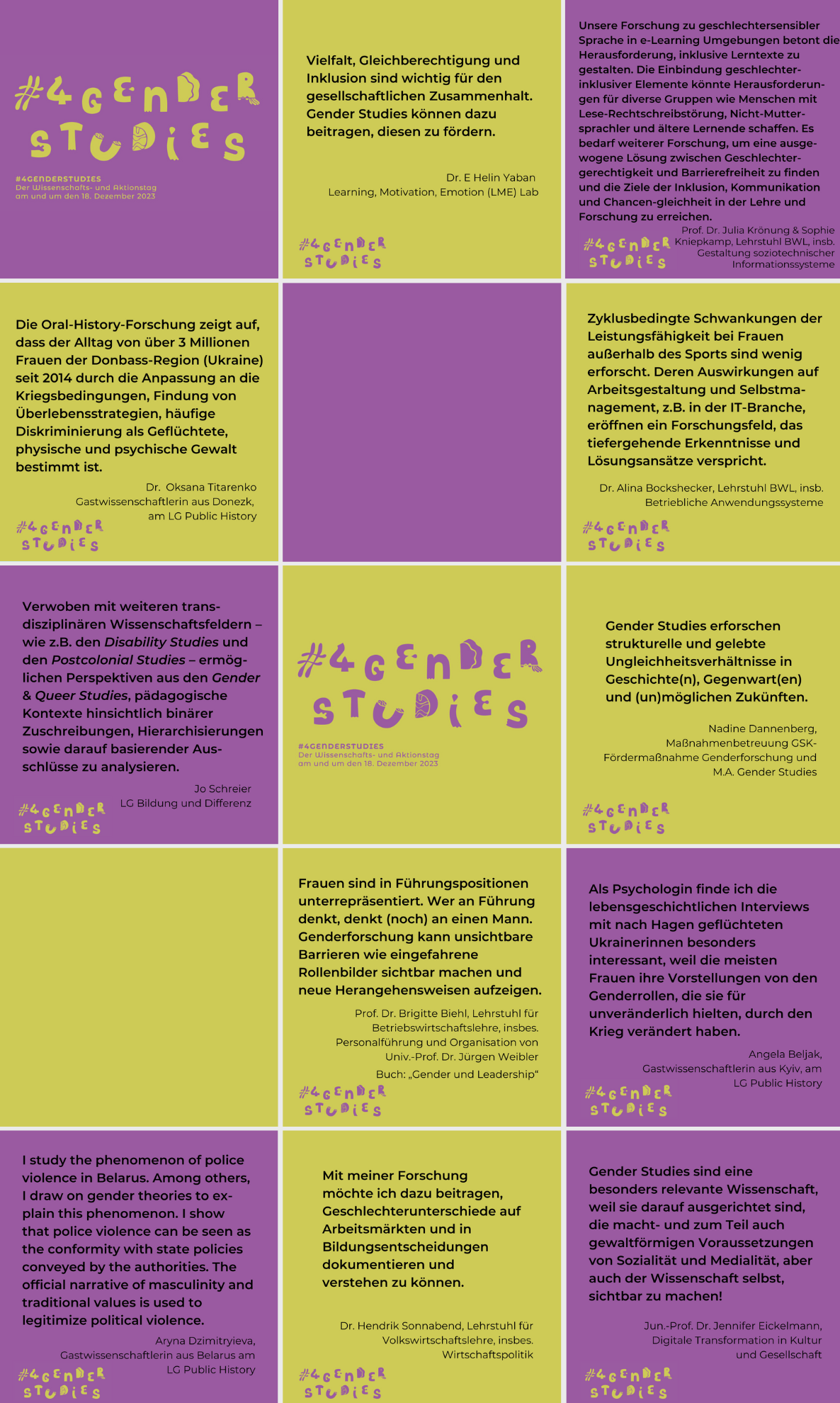 Collage 1 mit Statements der Forschenden und Lehrenden der FernUniversität in Hagen. Die Statements sind nach Fakultäten geordnet nach Collage 2 als Text hinterlegt.