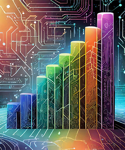 Ein Säulendiagramm in Regenbogenfarben, daruf und darum herum sind Schaltkreise abgebildet.