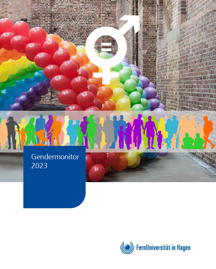 Zweidrittel des Bildes besteht aus verschieden farbigen Luftballons in Regenbogenfarben, die wie ein Bogen vor einer Mauerwand aufgestellt sind. Auf dem Bild ist noch das Equal Gender Zeichen zu sehen und darunter eine Zeile mit verschiedenen farbigen Personen. Darunter steht Gendermonitor 2023 und unten links in der Ecke ist das Logo der FernUniversität abgebildet.