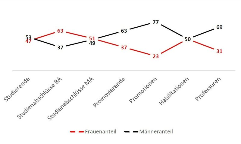 Die Abbildung zeigt ein Scherendiagramm, welches den Qualifikationsverlauf von Karrierewegen in der Wissenschaft abbildet. Dabei gibt das Diagramm die jeweiligen Frauen- und Männeranteile in Prozent für das Jahr 2020 an. Die Qualifikationsstufen werden mit Linien für den Anteil von Frauen (rote Linie) und den Anteil von Männern (schwarze Linie) dargestellt. Die beiden Linien öffnen sich ab der Qualifikationsstufe Promovierende wie eine Schere. Folgende Anteile werden gezeigt: 
Studierende: Frauenanteil 47 Prozent, Männeranteil 53 Prozent
Studienabschlüsse Bachelor: Frauenanteil 63 Prozent, Männeranteil 37 Prozent
Studienabschlüsse Master: Frauenanteil 51 Prozent, Männeranteil 49 Prozent
Promovierende: Frauenanteil 37 Prozent, Männeranteil 63 Prozent
Promotionen: Frauenanteil 23 Prozent, Männeranteil 77 Prozent
Habilitationen: Frauenanteil 50 Prozent, Männeranteil 50 Prozent
Professuren: Frauenanteil 31 Prozent, Männeranteil 69 Prozent
