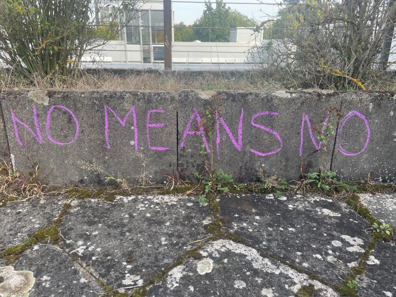 Fotografie einer Mauer, auf der in lilafarbenen Kreidebuchstaben 