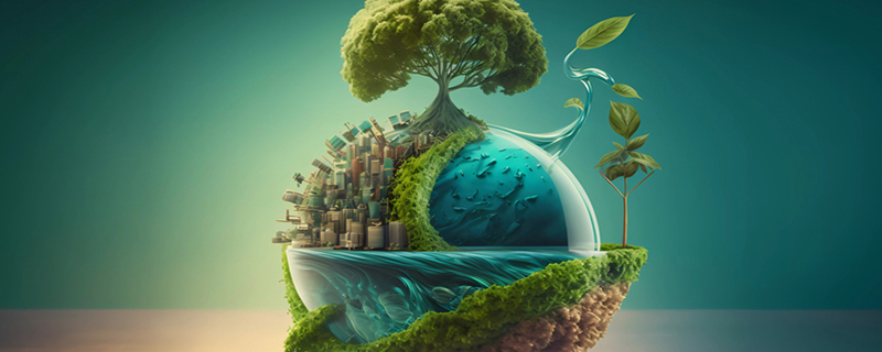 Fantasy planet with oceans and landscapes and a large leafy tree on top