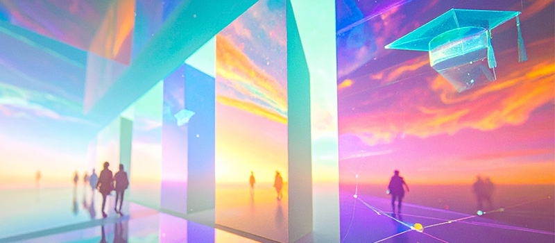 Futuristische Landschaft mit Sihouetten von Figuren, darüber schwebender Doktorhut