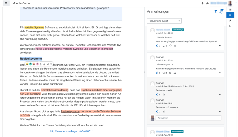 Screenshot Longpage in the Moodle environment