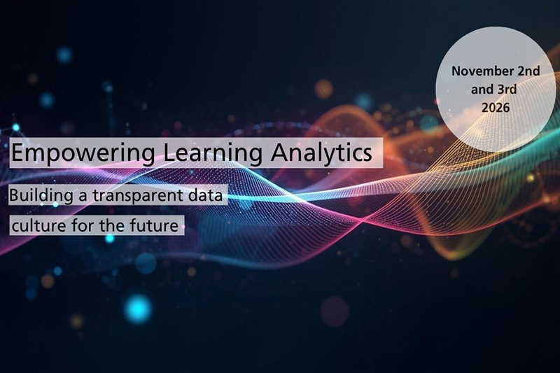 AI-generated image of colorful spirals and dark background, text: Empowering Learning Analytics. Building a transparent data culture for the future. November 2nd and 3rd 2026