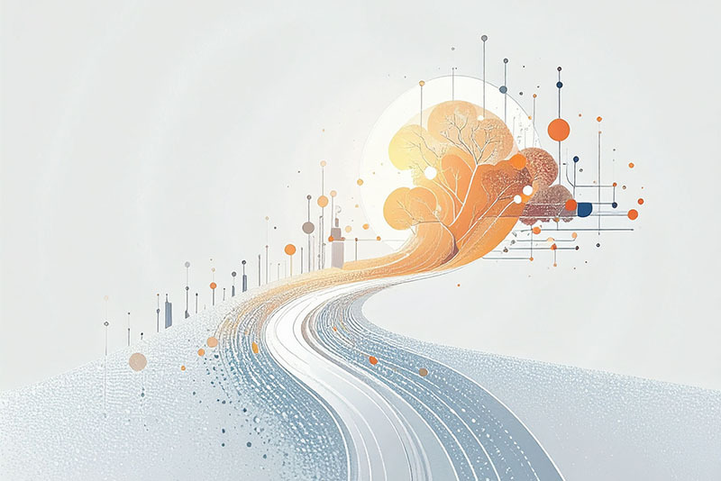 Symbolbild mit stilisierter Straße, die in den Himmel reicht; am Himmel und am Horizont stilisierte Datenpunkte