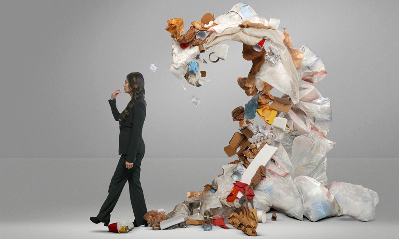 An unsuspecting woman in a business suit is about to be pounced on by a monster made out of garbage