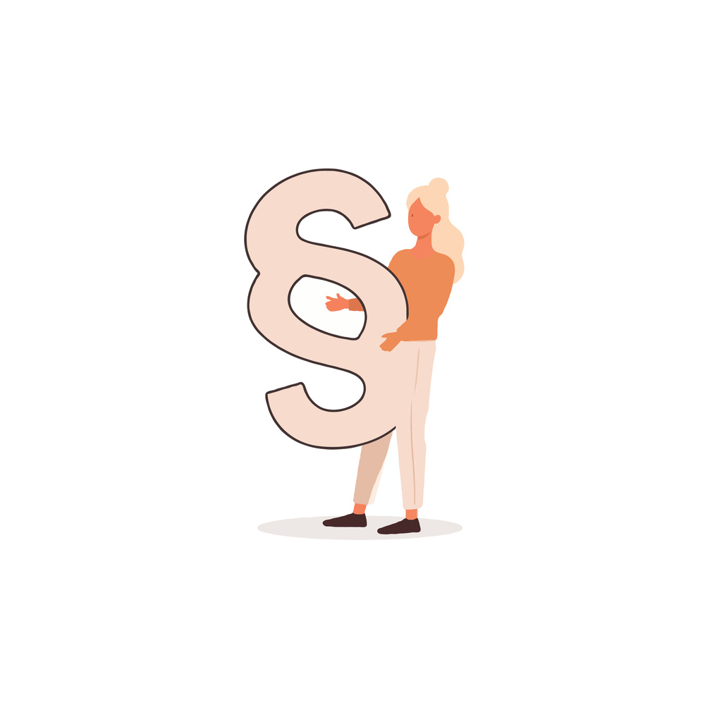 Eine gezeichnete Figur, die aussieht wie eine Frau und ein Paragraphenzeichen in den Händen hält. 