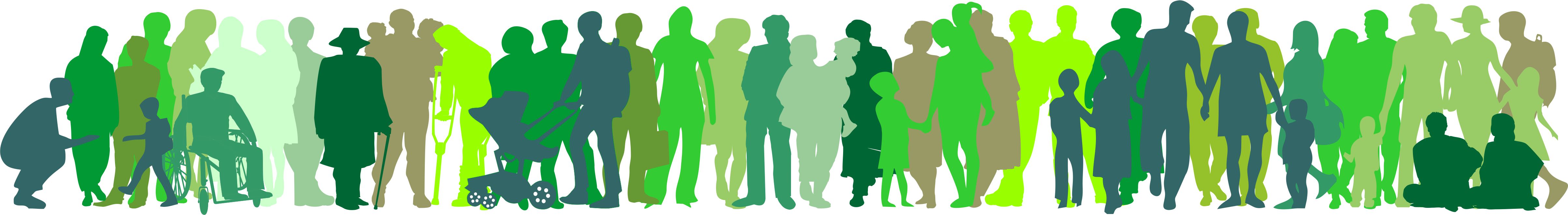 grüne Silhouetten von verschiedensten Personen in einer Reihe.