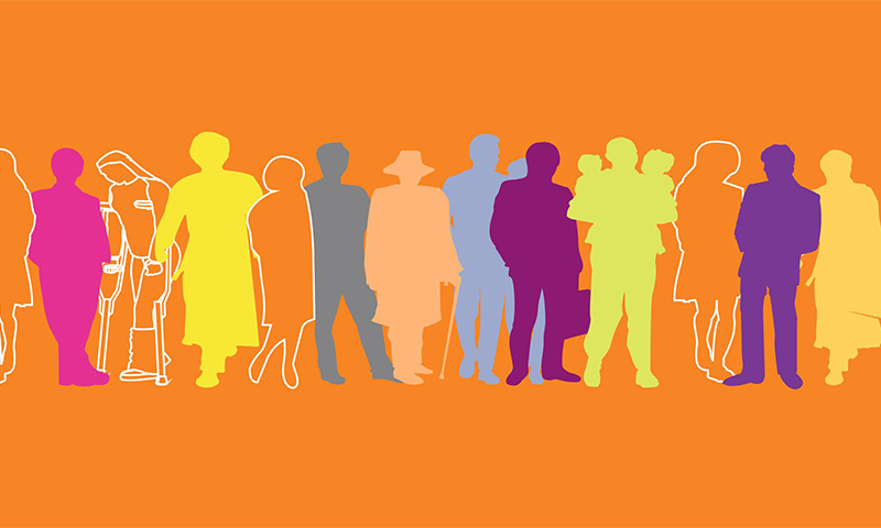 Bunte Menschen auf einem orangenen Hintergrund