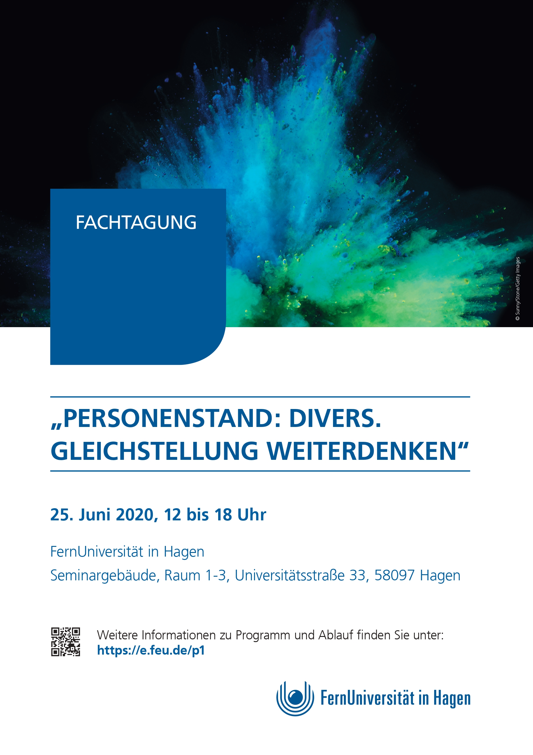 Auf dem Bild ist der Flyer der Fachtagung mit Titel, Datum und Adresse ersichtlich. Über den Informationen ist auf schwarzem Hintergrund eine blaue, grüne und gelbe Farbexplosion abgebildet.