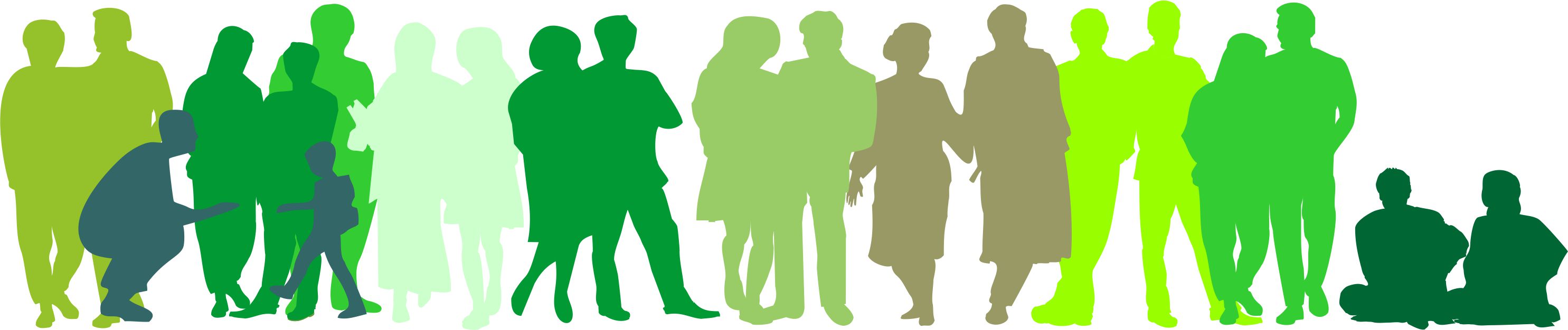 Umrisse von verschiedenen Menschen (Geschlecht, Alter, Körper) in Grün mit verschiedenen Tönen. 
