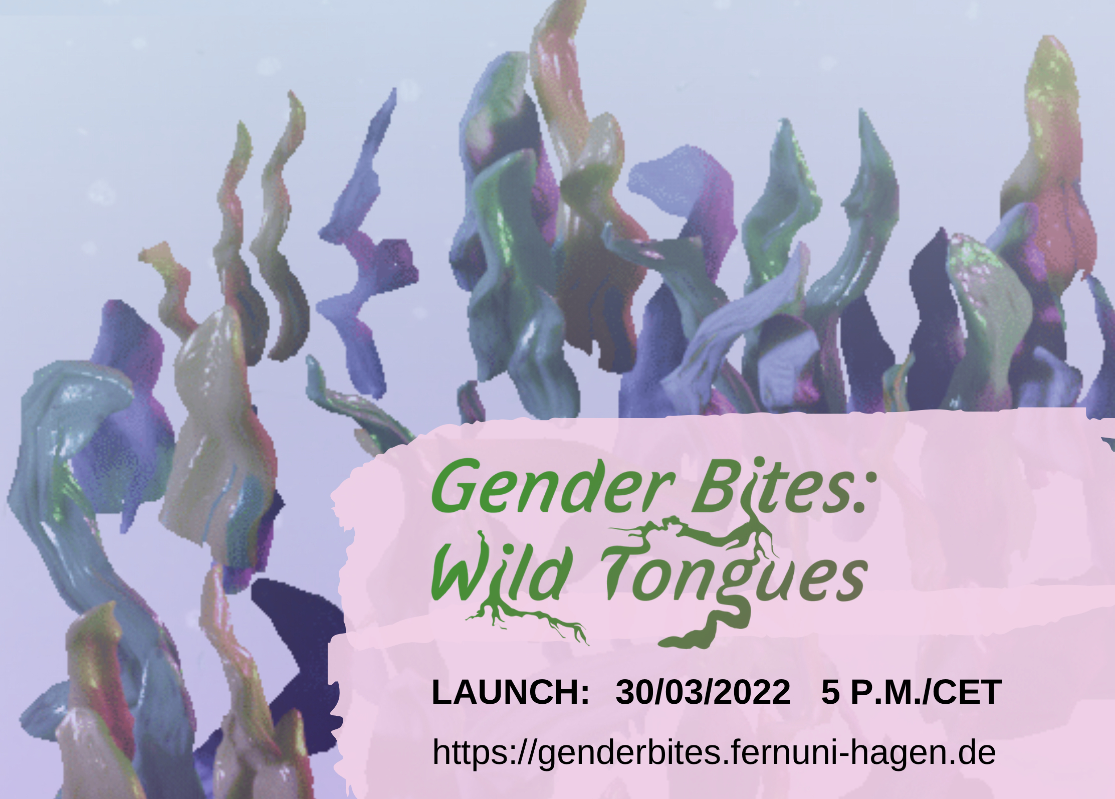 Bunte Zungen auf einem hellen Hintergrund. Wild Tongues und Zoom Ankündigung stehen auf dem Bild. 