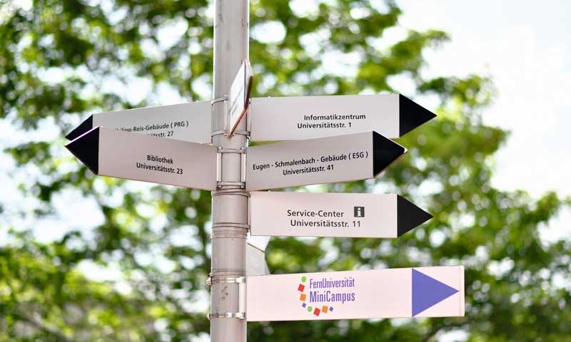 A signpost indicating directions to various locations around campus