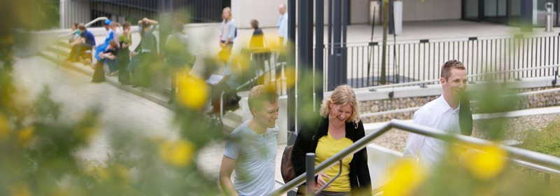 Studierende laufen eine Treppe auf dem FernUni-Campus hoch.