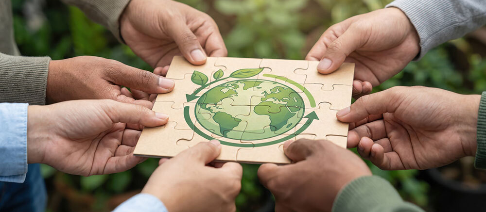 Teamarbeit, bei der Puzzleteile mit dem Symbol für Nachhaltigkeit verbunden werden