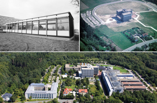 Collage aus drei Bildern, die den baulichen Fortschritt auf dem FernUni-Campus zeigen.