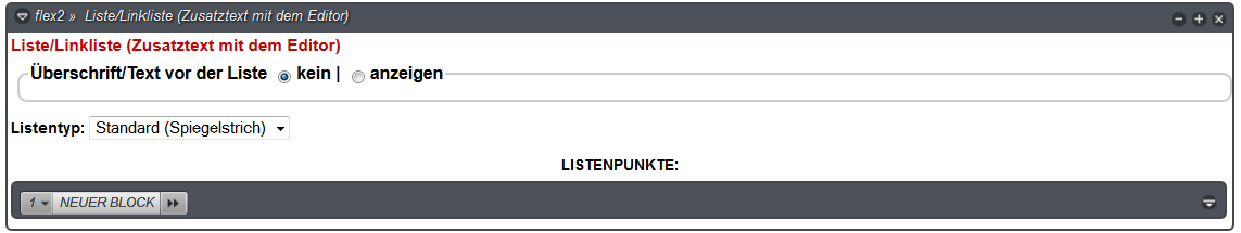 Darstellung der Flexmodulmaske Liste Flexmodul Liste