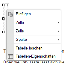Dialogfenster Tabelle rechte Maustaste Dialogfenster Tabelle rechte Maustaste