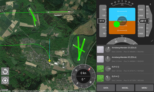Die Grafik stellt ein Landegebiet mit mehrere grünen Strichen dar, sie enthät auch verschiedene Flugzeuginstrumente.