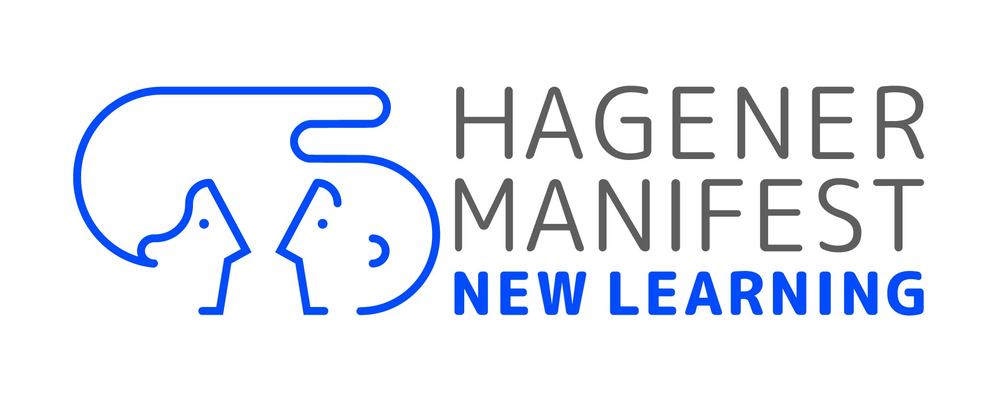 Grafik mit zwei gezeichneten Köpfen und dem Schriftzug Hagener Manifest - New Learning