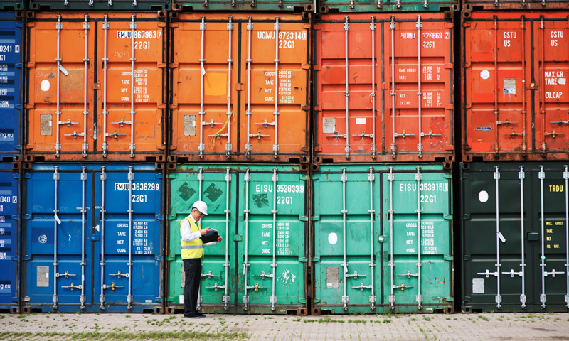 Man with a clipboard standing in front of stacked cargo containers