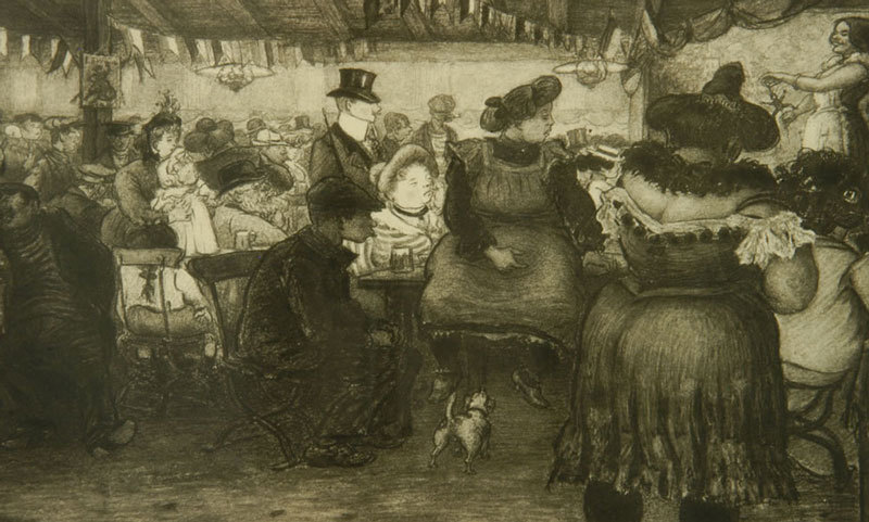 Zeichnung einer Szene in einer vollen Kneipe: Männer mit Zylindern, Arbeiter mit Schiebermützen, Frauen in Kleidern und Hüten