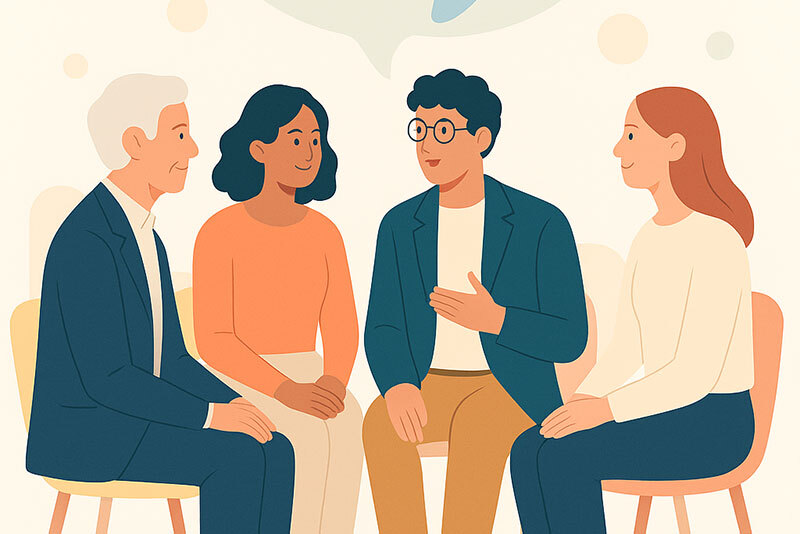Eine Illustration auf dem eine Gesprächsrunde mit vier Personen zu sehen ist