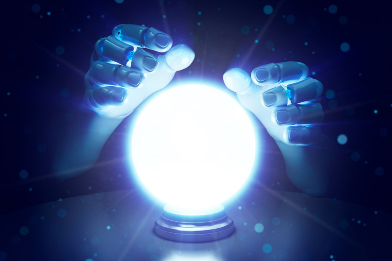 Glasugel mit Roboterhänden dahinter