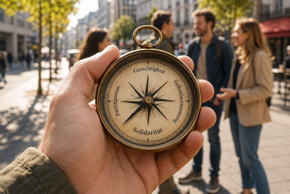 Eine Hand hält einen Kompass. Auf diesem stehen statt Norden, Süden, Osten, Westen die Werte Gerechtigkeit, Selbstbestimmung, Solidarität und Partizipation.