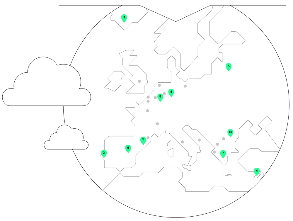 Die Grafik zeigt eine stilisierte Karte der Standorte der OpenEU Mitglieder über Europa