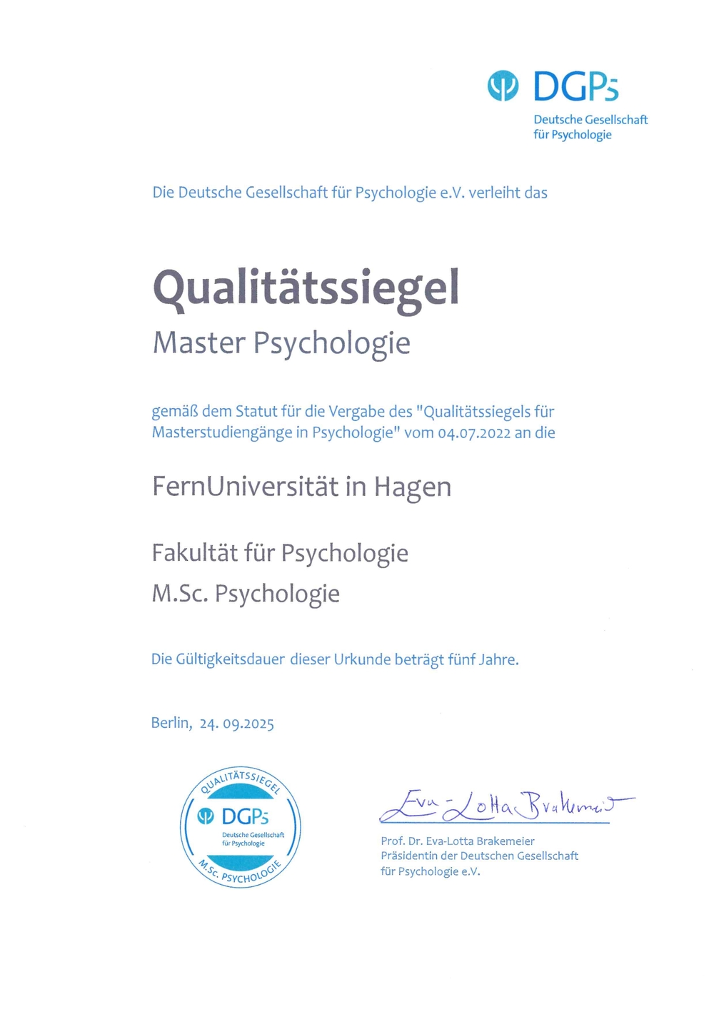 DGPs Qualitätssiegel MasterPsychologie