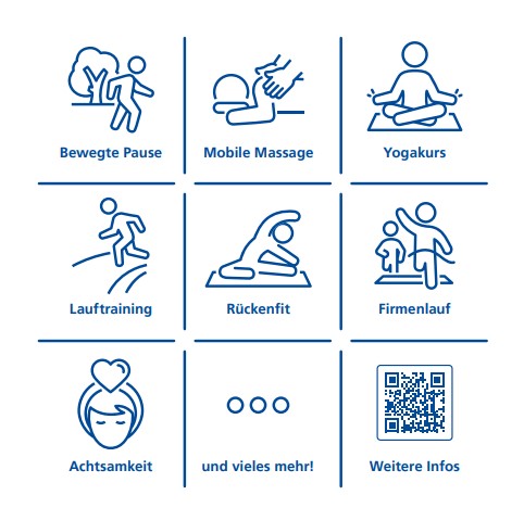 Plakat: Bleib fit, mach mit! Bewegte Pause, Achtsamkeit, Yogakurs, Firmenlauf, Mobile Massage, Lauftraining, Rückenfit und vieles mehr!