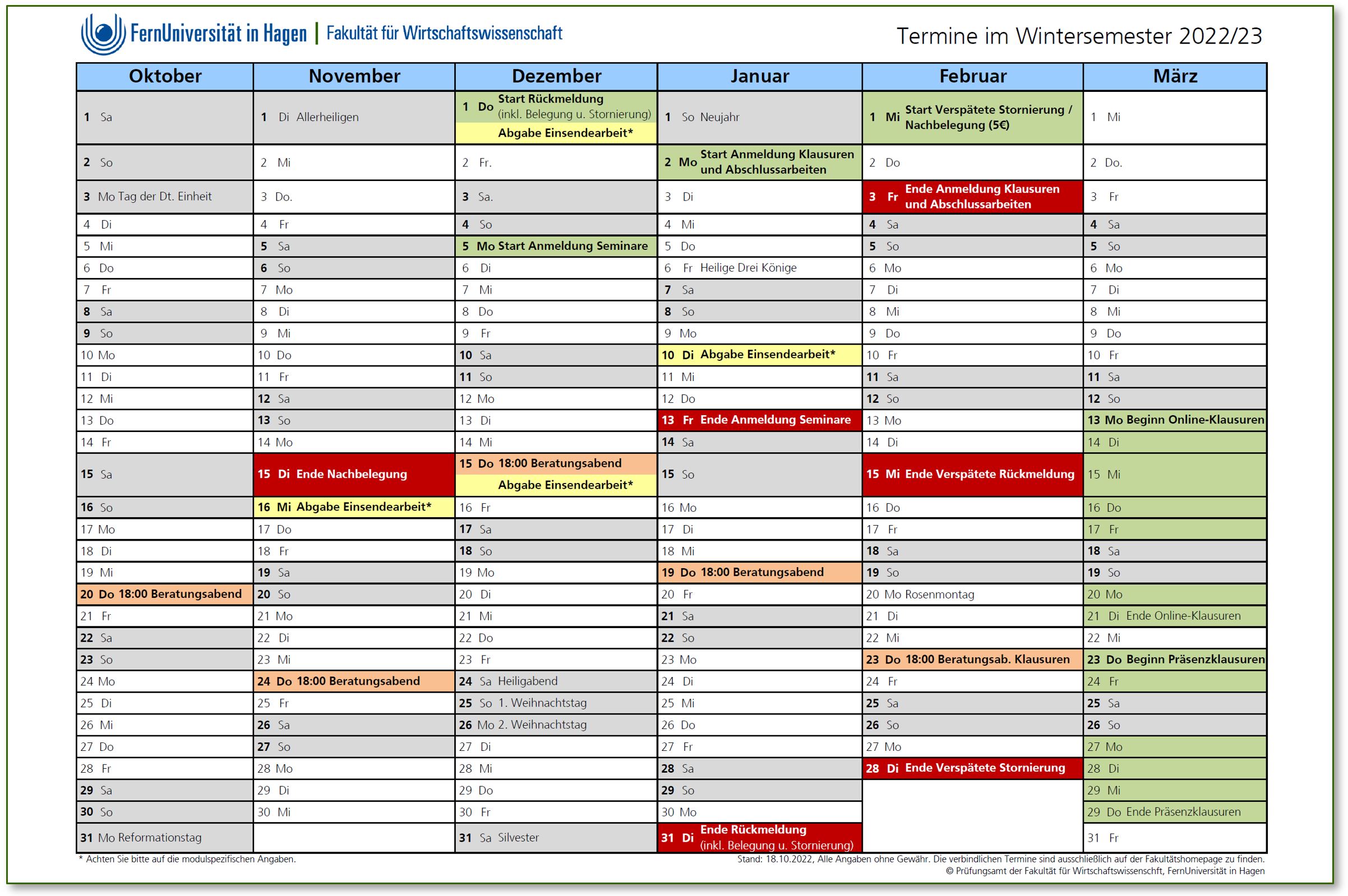 Wiwi Semesterplan für das Wintersemester 2022/23