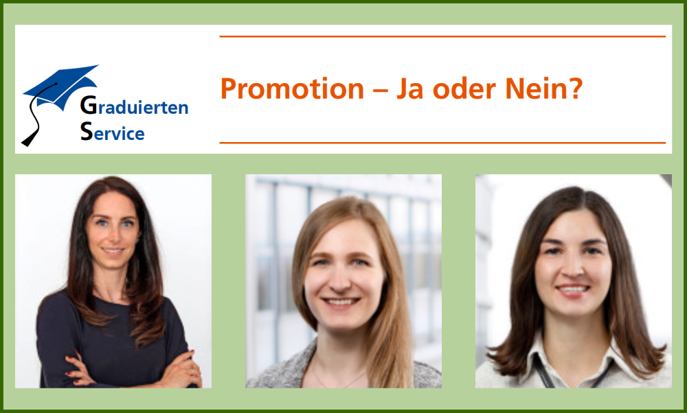 Einladung zur Promotionsinformationsveranstaltung. Dargestellt sind Professorin Julia Krönung, Dr. Anika Nissen und Daria Goscinska