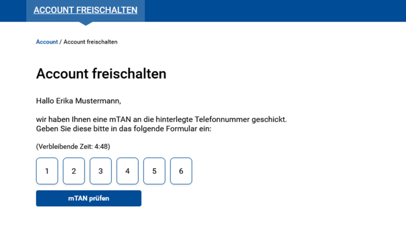 Screenshot mit einer 6-stellige Zahlenfolge zur Prüfung der mTAN