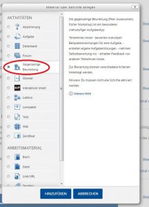 Auswahl der Aktivität "gegenseitige Beurteilung" in Moodle
