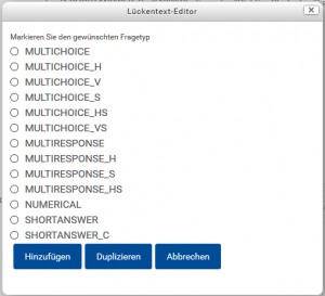 Alle zur Auswahl stehenden Fragetypen, die mit dem Cloze Editor erstellt werden können.