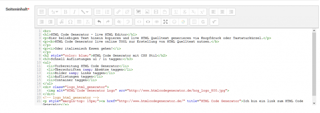 Ansicht des HTML+ Editors