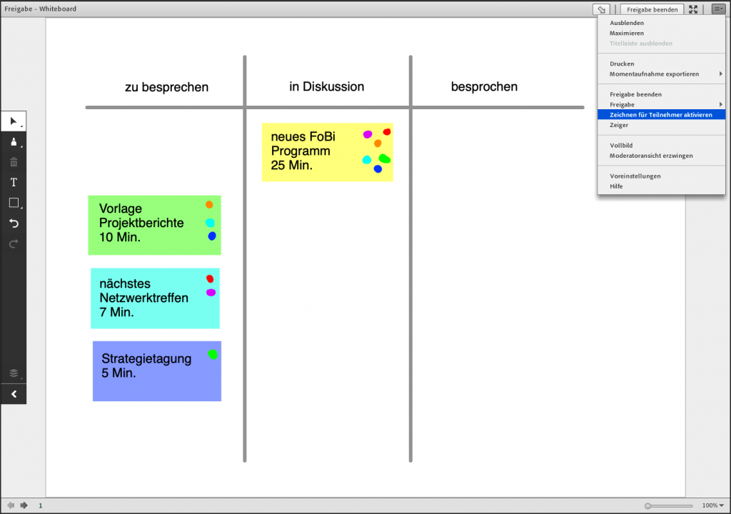 Screenshot eines Kanban Boards in der Whiteboard-Freigabe in Adobe Connect