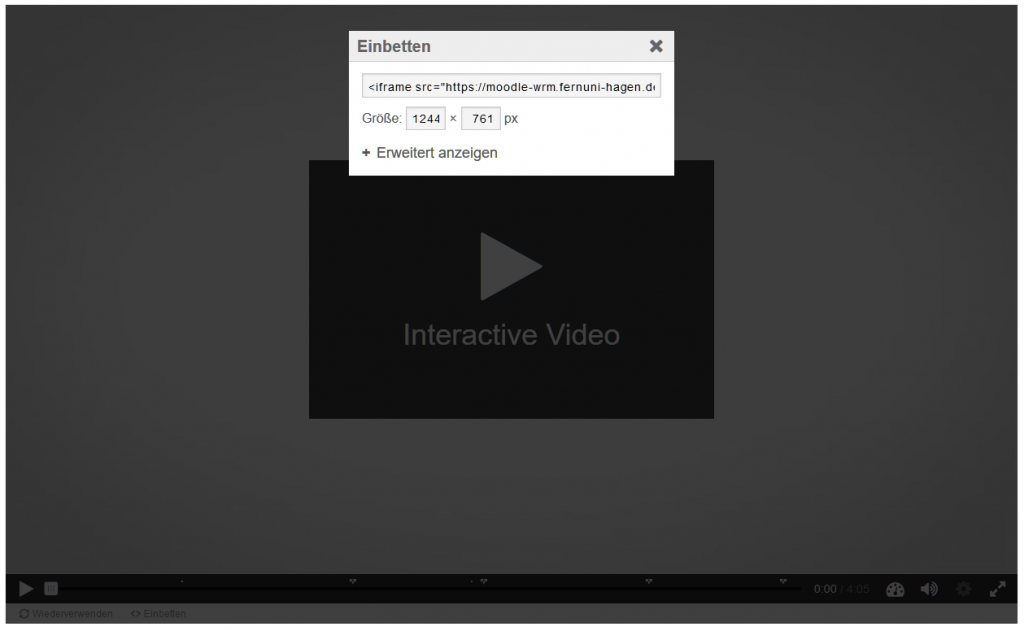 Screenshot von einem H5P Video, wo der Embed-Code zu sehen ist